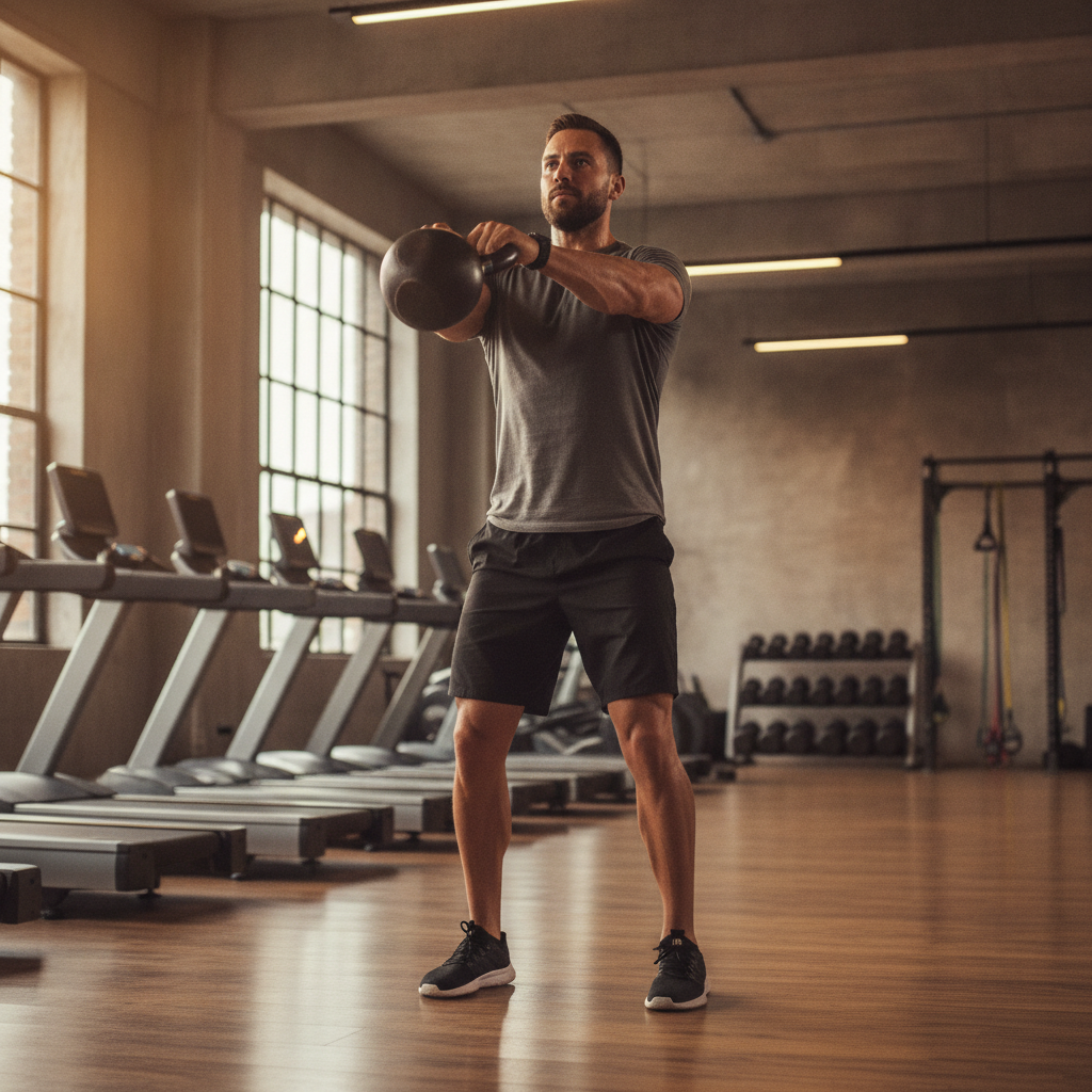 Fonksiyonel antrenman kettlebell swing egzersizi, spor salonunda dinamik hareket