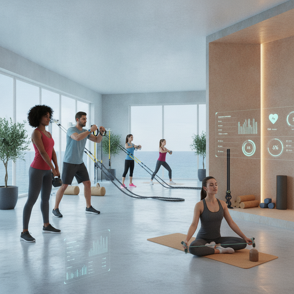 2025 fitness trendleri için akıllı cihazlarla modern spor salonu antrenmanı