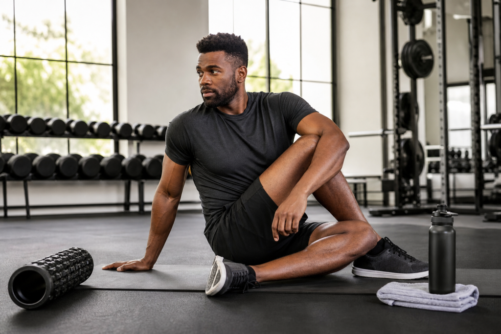 Antrenman sonrası toparlanma için foam roller ve esneme hareketleri yapan bir sporcu